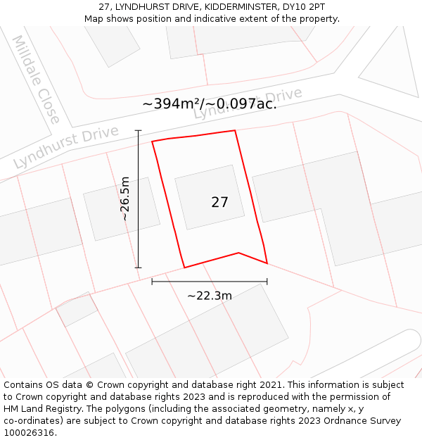 27, LYNDHURST DRIVE, KIDDERMINSTER, DY10 2PT: Plot and title map