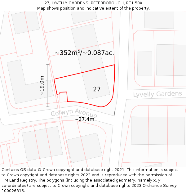 27, LYVELLY GARDENS, PETERBOROUGH, PE1 5RX: Plot and title map