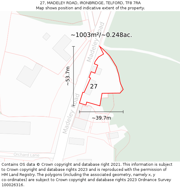 27, MADELEY ROAD, IRONBRIDGE, TELFORD, TF8 7RA: Plot and title map