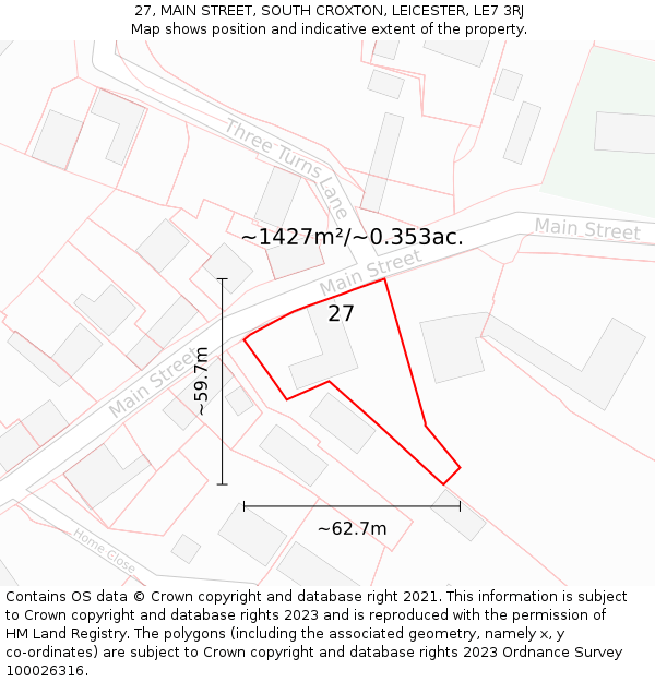 27, MAIN STREET, SOUTH CROXTON, LEICESTER, LE7 3RJ: Plot and title map