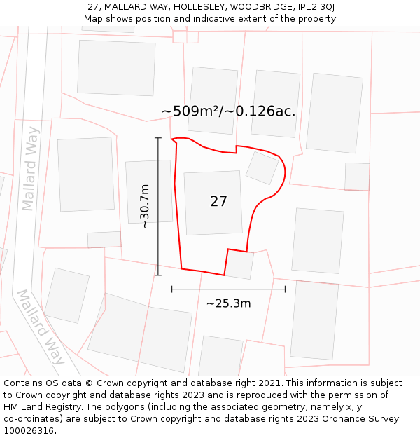 27, MALLARD WAY, HOLLESLEY, WOODBRIDGE, IP12 3QJ: Plot and title map