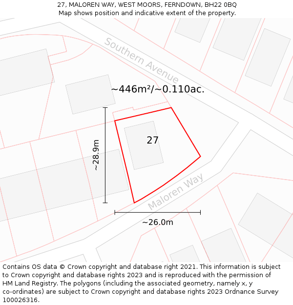 27, MALOREN WAY, WEST MOORS, FERNDOWN, BH22 0BQ: Plot and title map