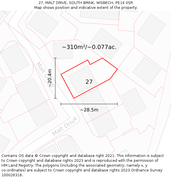 27, MALT DRIVE, SOUTH BRINK, WISBECH, PE14 0SR: Plot and title map