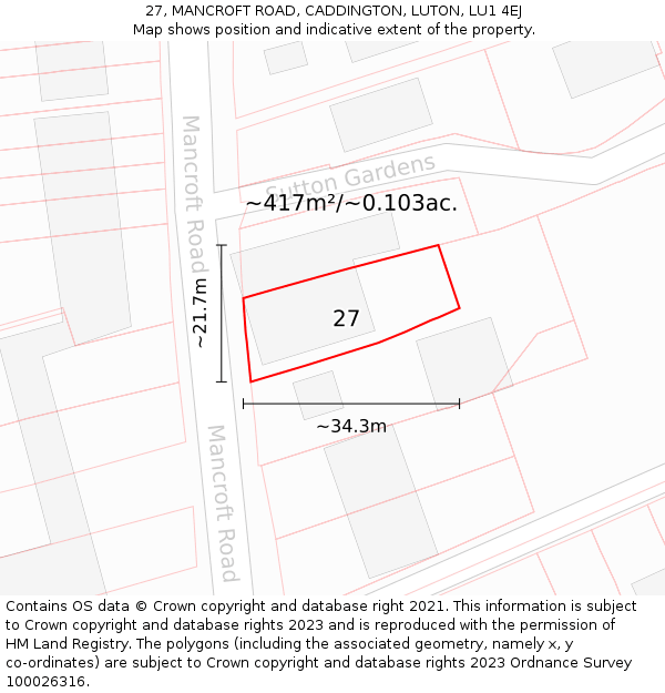 27, MANCROFT ROAD, CADDINGTON, LUTON, LU1 4EJ: Plot and title map