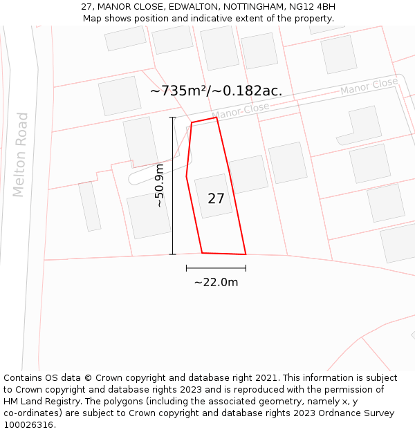 27, MANOR CLOSE, EDWALTON, NOTTINGHAM, NG12 4BH: Plot and title map