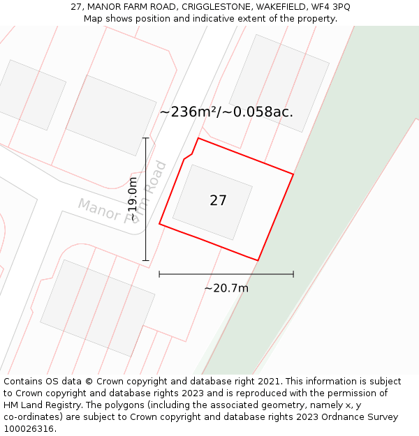 27, MANOR FARM ROAD, CRIGGLESTONE, WAKEFIELD, WF4 3PQ: Plot and title map
