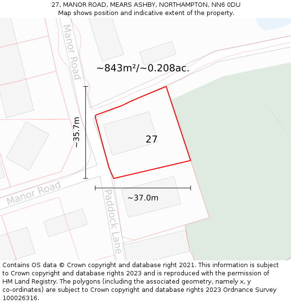 27, MANOR ROAD, MEARS ASHBY, NORTHAMPTON, NN6 0DU: Plot and title map