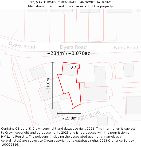 27, MAPLE ROAD, CURRY RIVEL, LANGPORT, TA10 0AG: Plot and title map