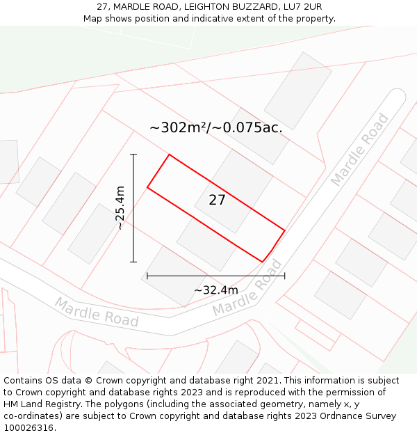 27, MARDLE ROAD, LEIGHTON BUZZARD, LU7 2UR: Plot and title map