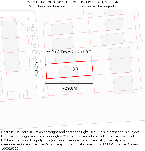 27, MARLBOROUGH AVENUE, WELLINGBOROUGH, NN8 5YN: Plot and title map