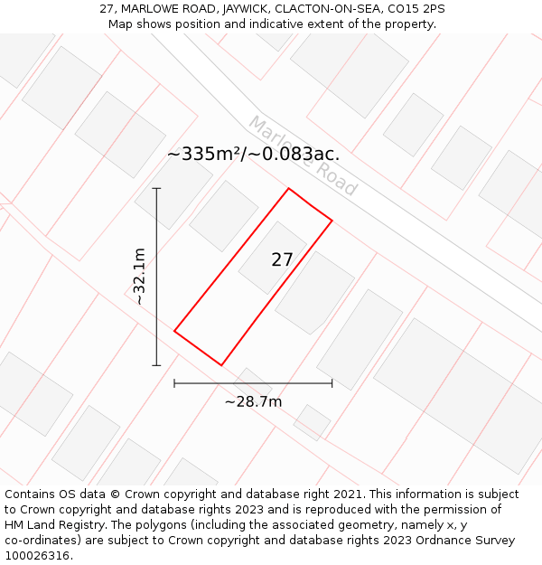27, MARLOWE ROAD, JAYWICK, CLACTON-ON-SEA, CO15 2PS: Plot and title map