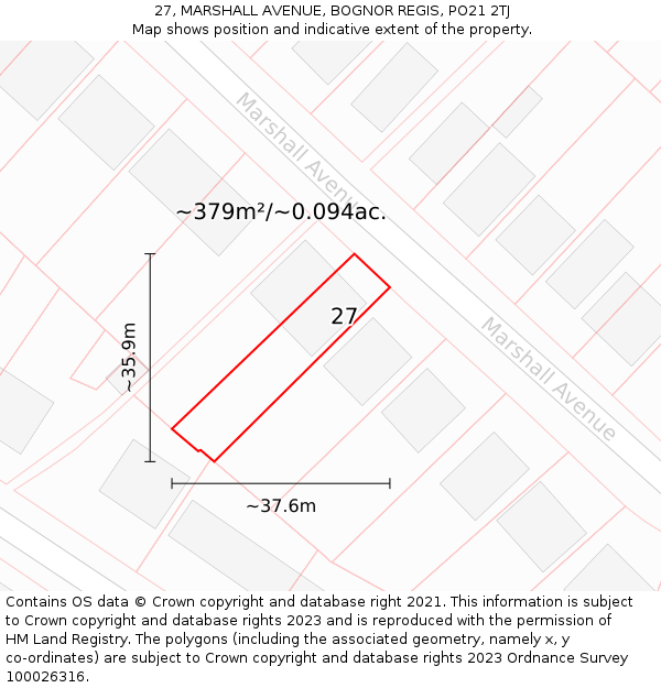 27, MARSHALL AVENUE, BOGNOR REGIS, PO21 2TJ: Plot and title map