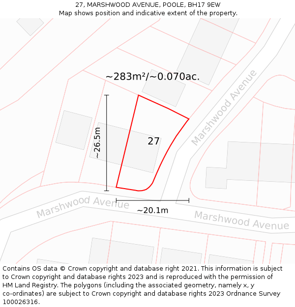 27, MARSHWOOD AVENUE, POOLE, BH17 9EW: Plot and title map