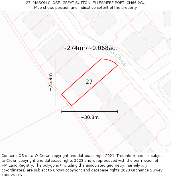 27, MASON CLOSE, GREAT SUTTON, ELLESMERE PORT, CH66 2GU: Plot and title map