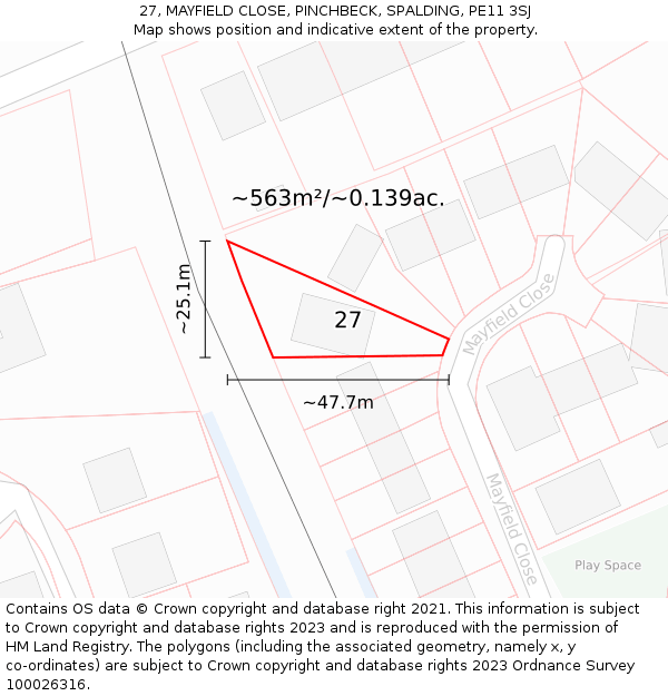 27, MAYFIELD CLOSE, PINCHBECK, SPALDING, PE11 3SJ: Plot and title map