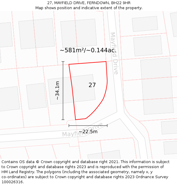 27, MAYFIELD DRIVE, FERNDOWN, BH22 9HR: Plot and title map