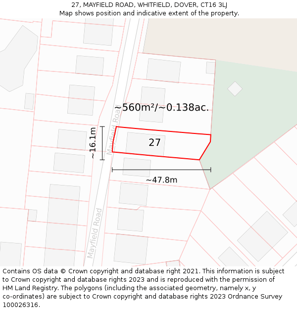 27, MAYFIELD ROAD, WHITFIELD, DOVER, CT16 3LJ: Plot and title map