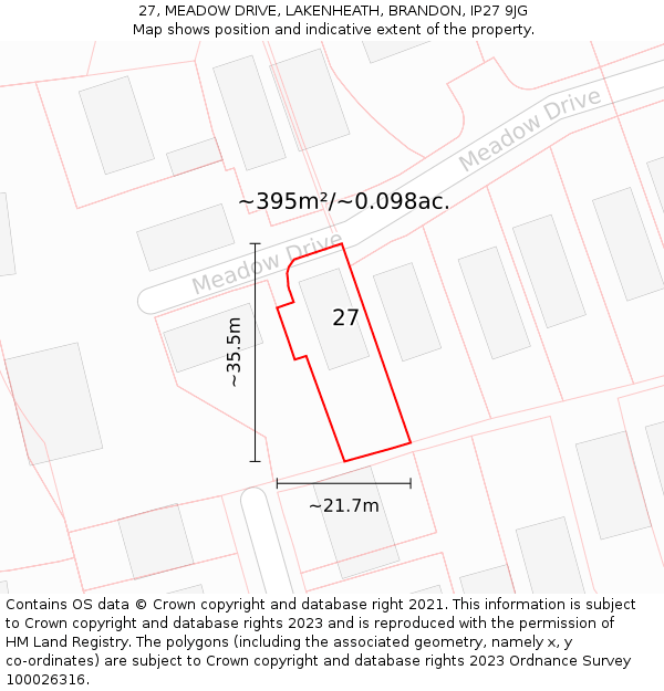 27, MEADOW DRIVE, LAKENHEATH, BRANDON, IP27 9JG: Plot and title map