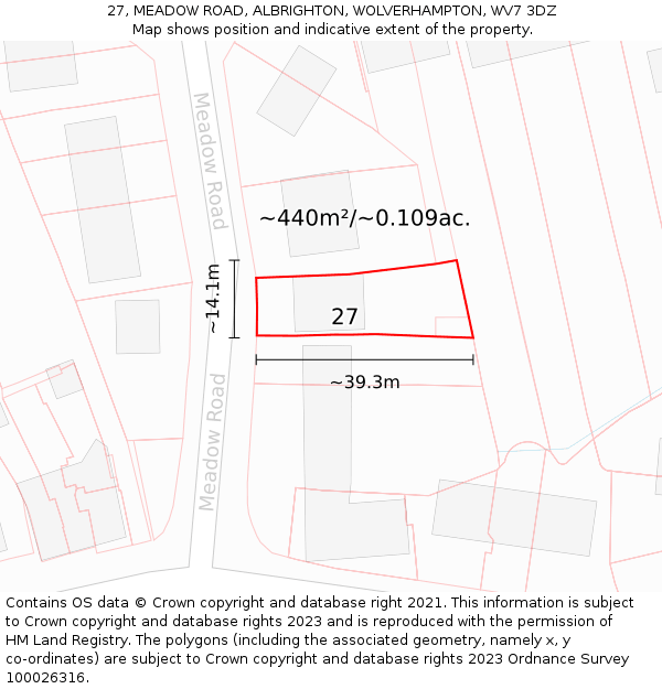 27, MEADOW ROAD, ALBRIGHTON, WOLVERHAMPTON, WV7 3DZ: Plot and title map