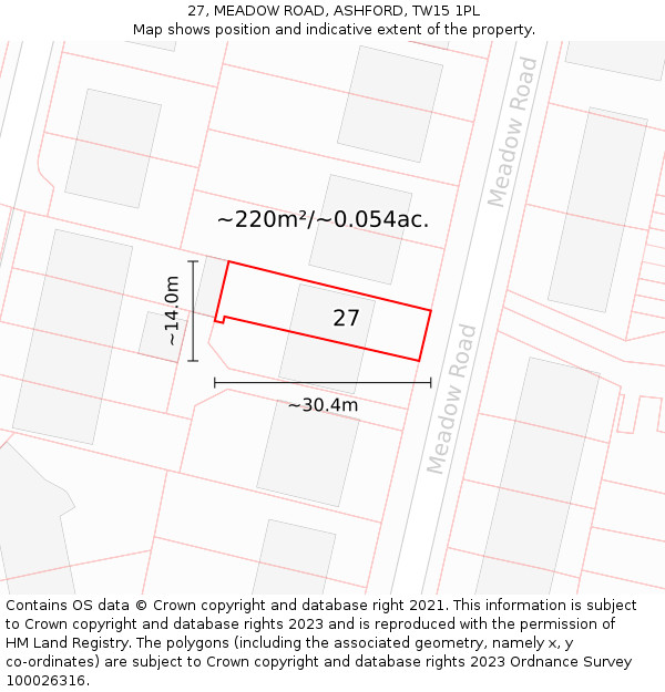 27, MEADOW ROAD, ASHFORD, TW15 1PL: Plot and title map