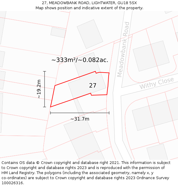 27, MEADOWBANK ROAD, LIGHTWATER, GU18 5SX: Plot and title map