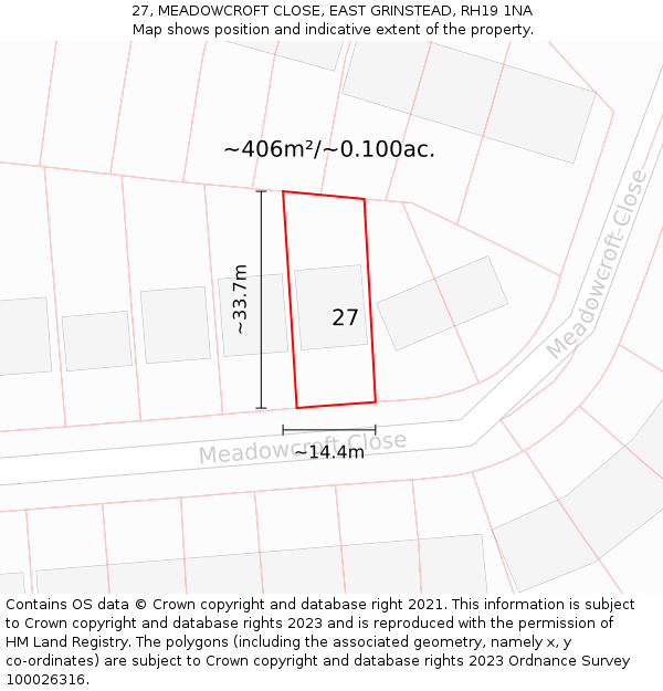 27, MEADOWCROFT CLOSE, EAST GRINSTEAD, RH19 1NA: Plot and title map
