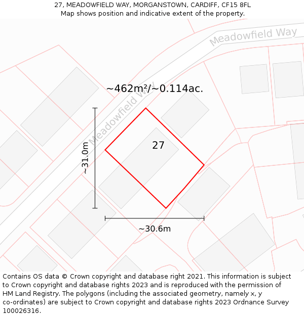 27, MEADOWFIELD WAY, MORGANSTOWN, CARDIFF, CF15 8FL: Plot and title map