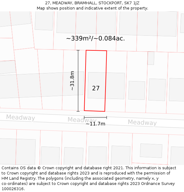 27, MEADWAY, BRAMHALL, STOCKPORT, SK7 1JZ: Plot and title map