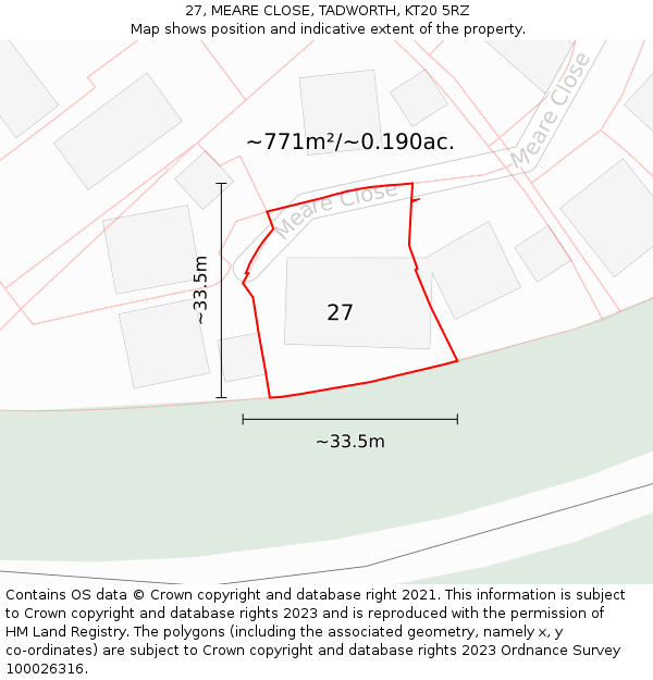 27, MEARE CLOSE, TADWORTH, KT20 5RZ: Plot and title map