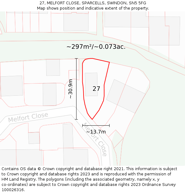 27, MELFORT CLOSE, SPARCELLS, SWINDON, SN5 5FG: Plot and title map