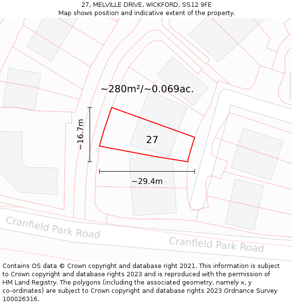 27, MELVILLE DRIVE, WICKFORD, SS12 9FE: Plot and title map