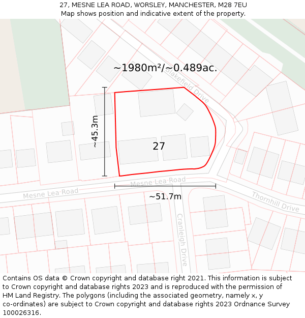 27, MESNE LEA ROAD, WORSLEY, MANCHESTER, M28 7EU: Plot and title map