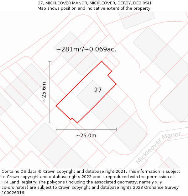 27, MICKLEOVER MANOR, MICKLEOVER, DERBY, DE3 0SH: Plot and title map