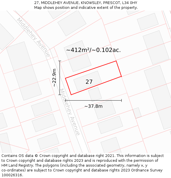 27, MIDDLEHEY AVENUE, KNOWSLEY, PRESCOT, L34 0HY: Plot and title map