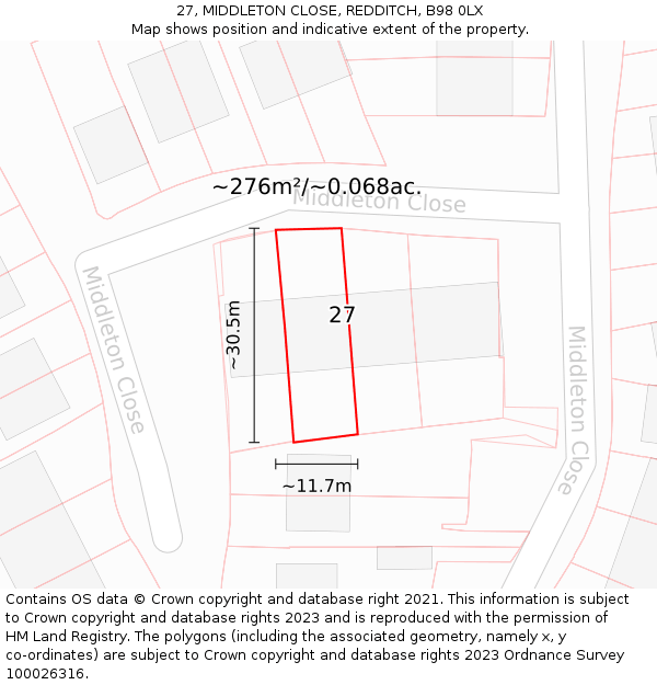 27, MIDDLETON CLOSE, REDDITCH, B98 0LX: Plot and title map