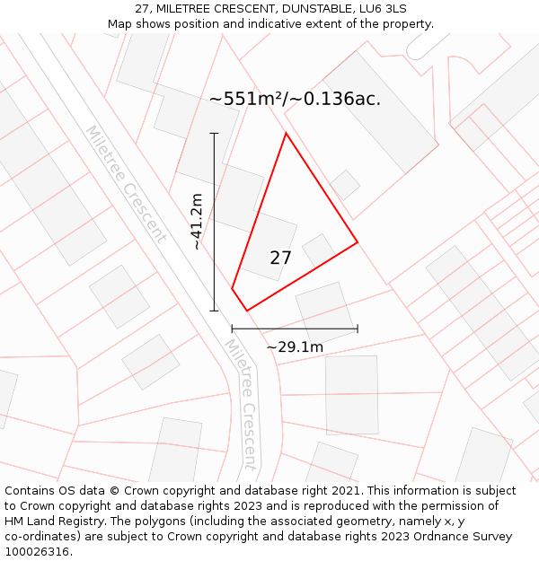 27, MILETREE CRESCENT, DUNSTABLE, LU6 3LS: Plot and title map