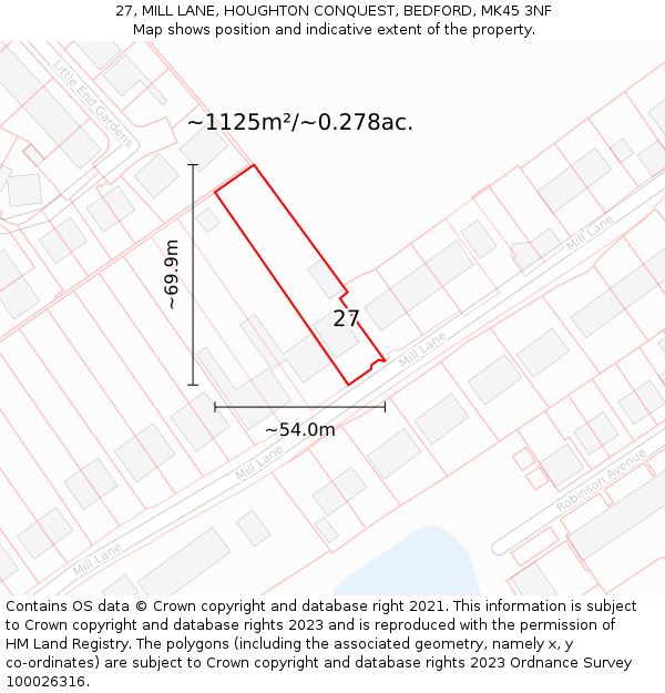 27, MILL LANE, HOUGHTON CONQUEST, BEDFORD, MK45 3NF: Plot and title map