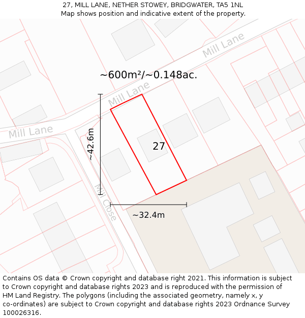 27, MILL LANE, NETHER STOWEY, BRIDGWATER, TA5 1NL: Plot and title map