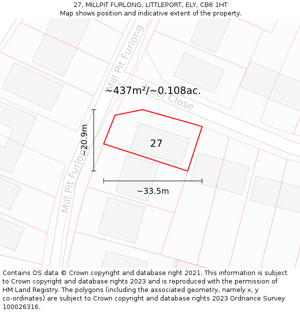 27, MILLPIT FURLONG, LITTLEPORT, ELY, CB6 1HT: Plot and title map