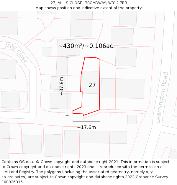 27, MILLS CLOSE, BROADWAY, WR12 7RB: Plot and title map