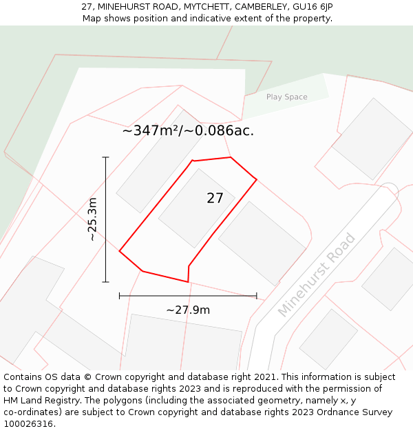 27, MINEHURST ROAD, MYTCHETT, CAMBERLEY, GU16 6JP: Plot and title map