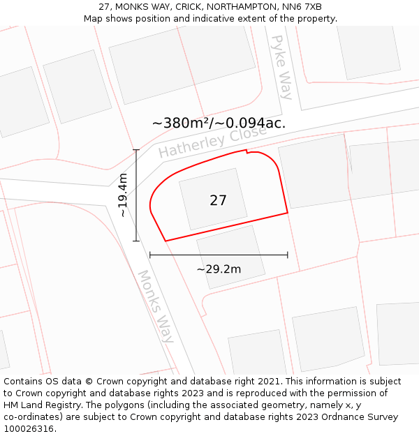 27, MONKS WAY, CRICK, NORTHAMPTON, NN6 7XB: Plot and title map