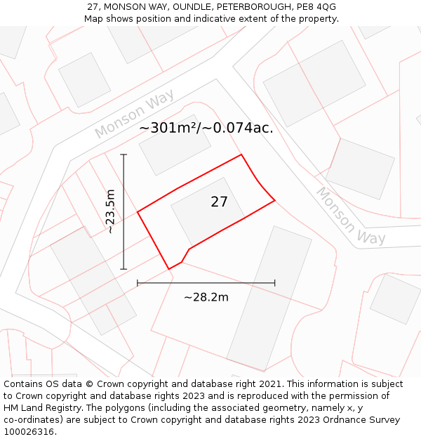 27, MONSON WAY, OUNDLE, PETERBOROUGH, PE8 4QG: Plot and title map