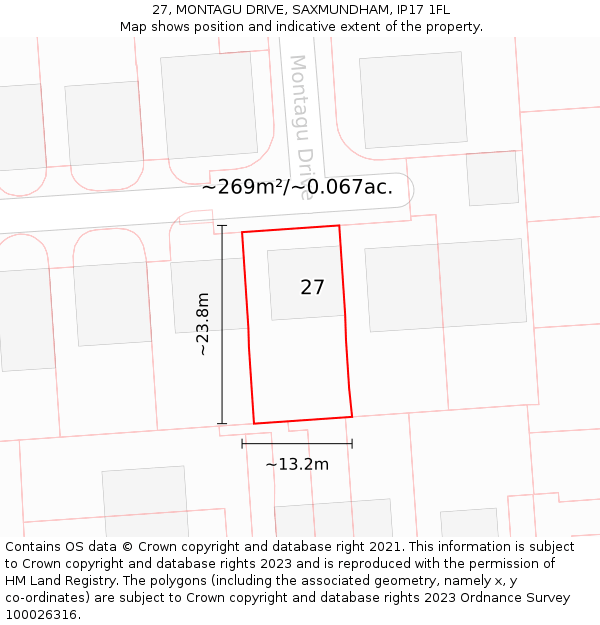 27, MONTAGU DRIVE, SAXMUNDHAM, IP17 1FL: Plot and title map