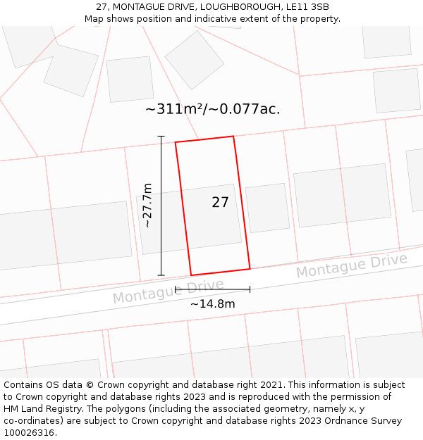 27, MONTAGUE DRIVE, LOUGHBOROUGH, LE11 3SB: Plot and title map