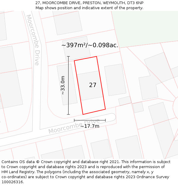 27, MOORCOMBE DRIVE, PRESTON, WEYMOUTH, DT3 6NP: Plot and title map