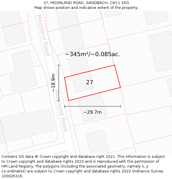 27, MOORLAND ROAD, SANDBACH, CW11 3SG: Plot and title map