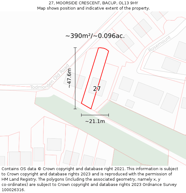 27, MOORSIDE CRESCENT, BACUP, OL13 9HY: Plot and title map