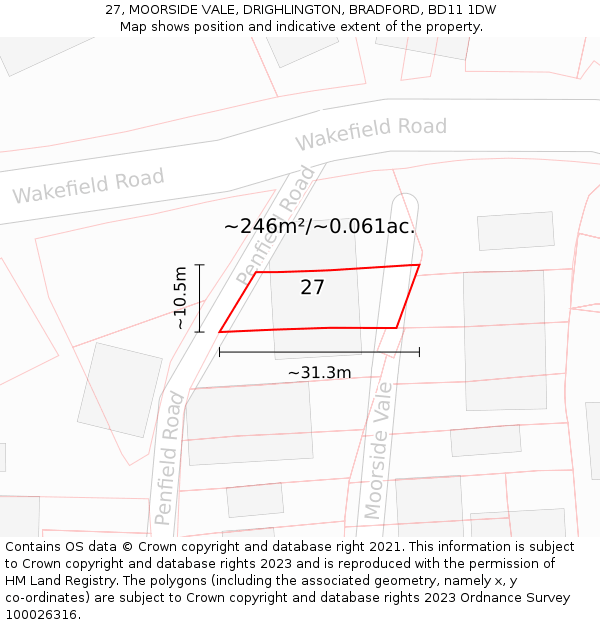 27, MOORSIDE VALE, DRIGHLINGTON, BRADFORD, BD11 1DW: Plot and title map