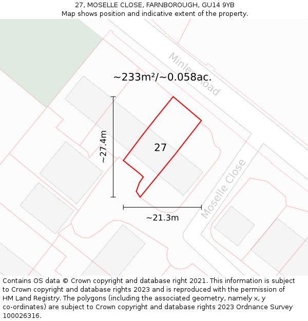 27, MOSELLE CLOSE, FARNBOROUGH, GU14 9YB: Plot and title map